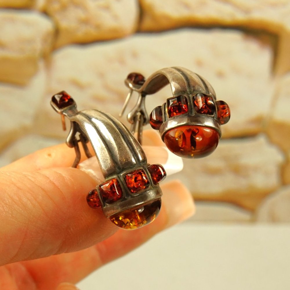 OOAK AMBER 925 SILVER HUGGIE EARRINGS with OMEGA BACKINGS, UNIQUE GIFT FOR WOMEN